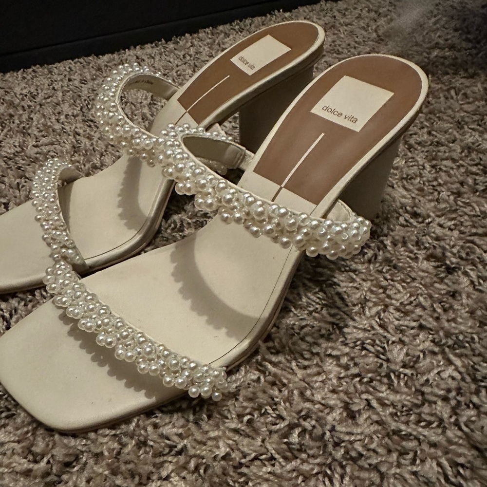 Dolce Vita Ivory Pearl-Embellished Block Heel Sandals
